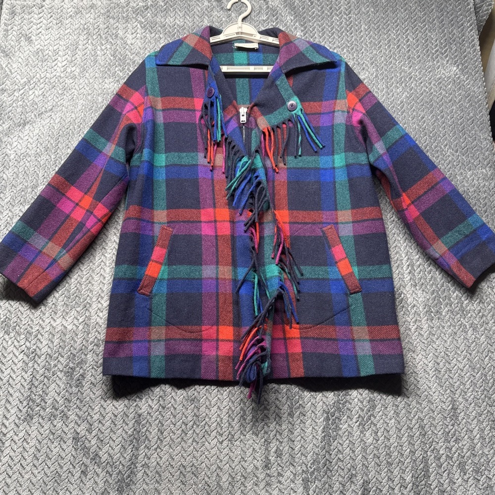 Vintage Pendleton Wool‎ Fringe Coat Plaid Jacket USA Made Size Small